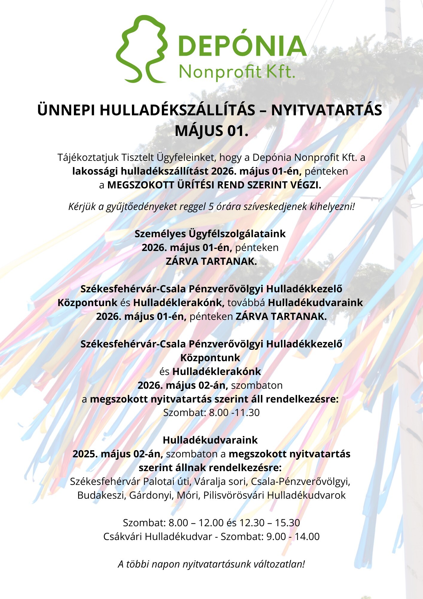 Ünnepi Hulladékszállítás Május1